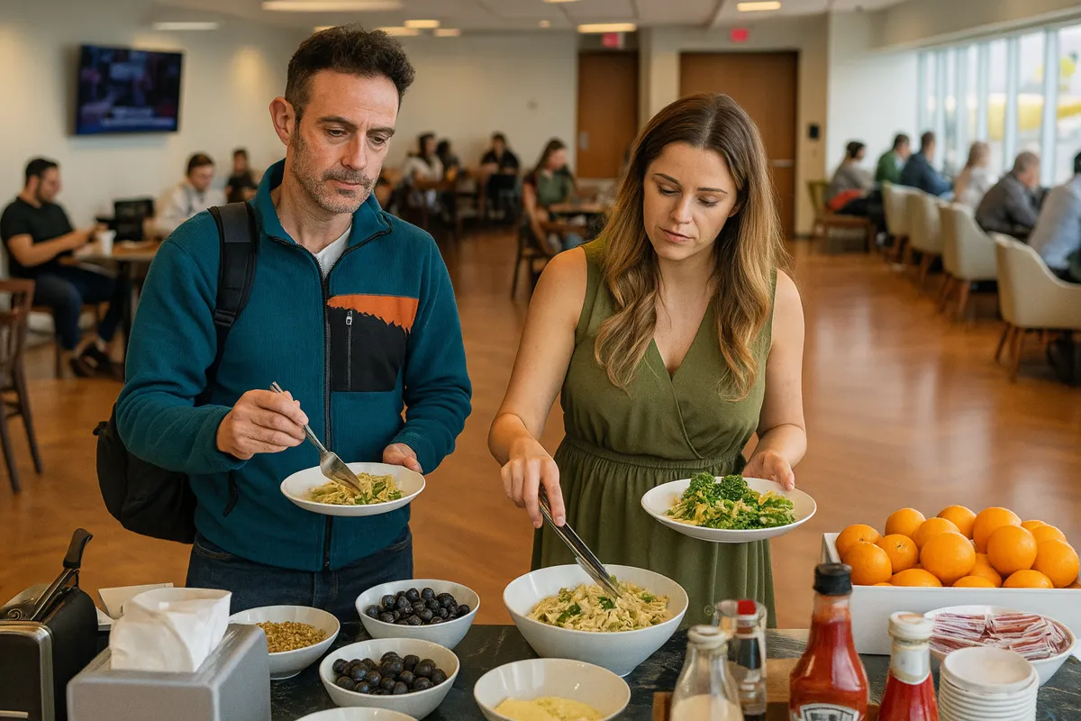 A couple serves themselves food at a self-service buffet in the VIP lounge at Miami Airport