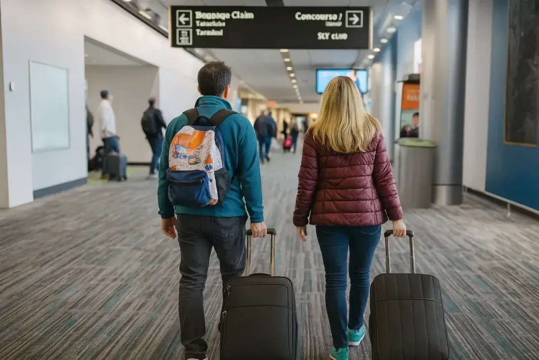 A couple walking with carry-on luggage on the way to Baggage Claim after landing at Miami International Airport.