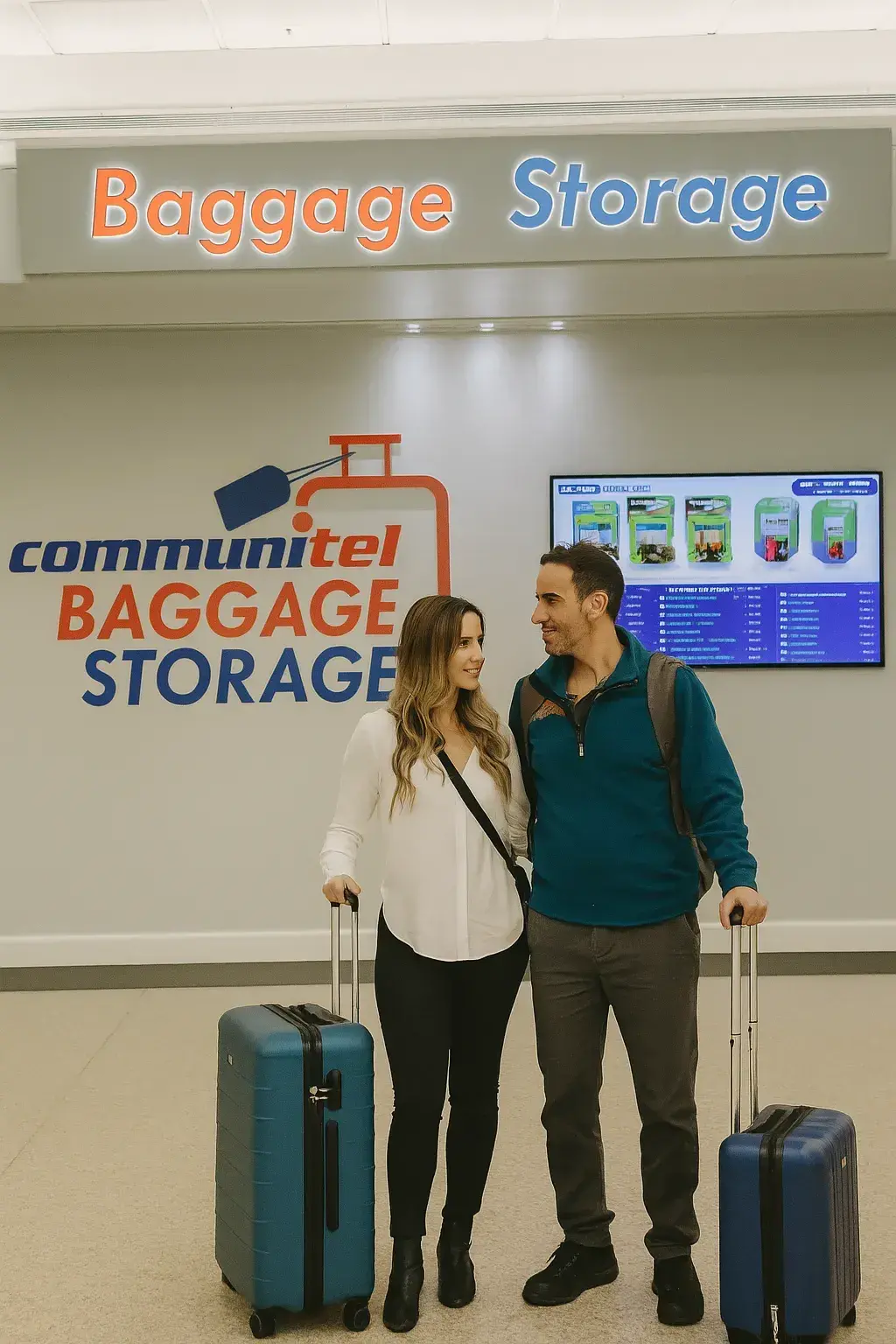 A digital photograph captures a light-skinned couple standing with carry-on luggage in front of the Baggage Storage counter at Miami International Airport (MIA). 