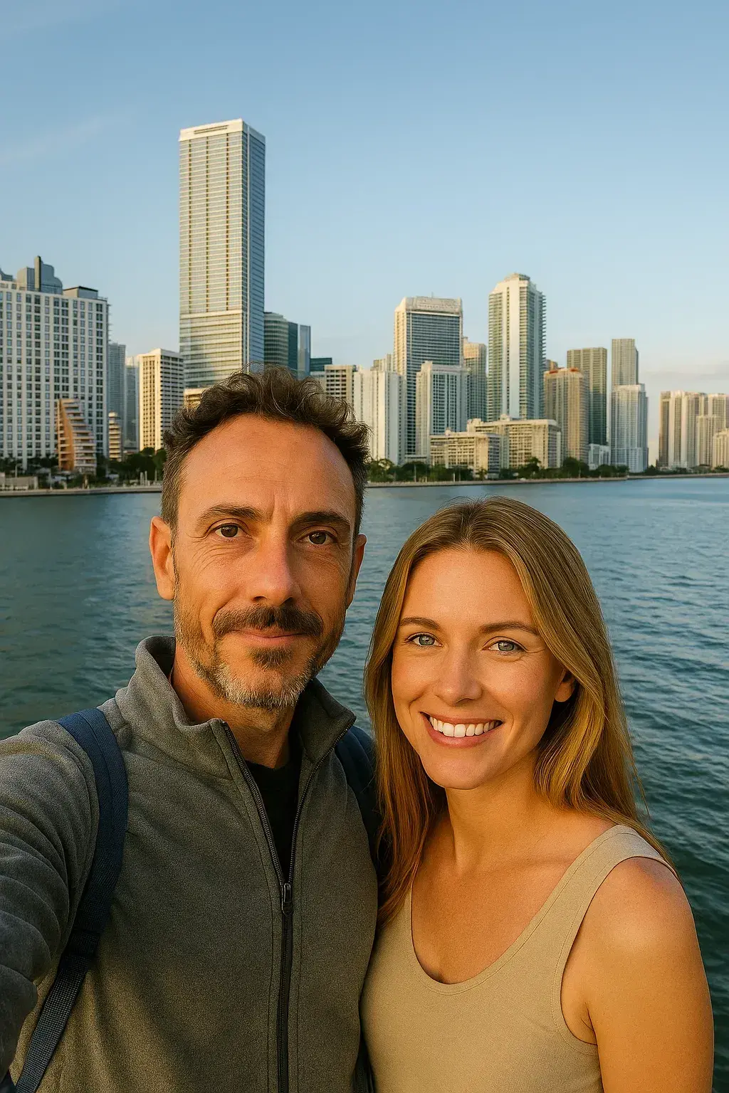 Smiling couple taking a selfie with the Brickell skyline and Biscayne Bay in the background at sunset in Miami.