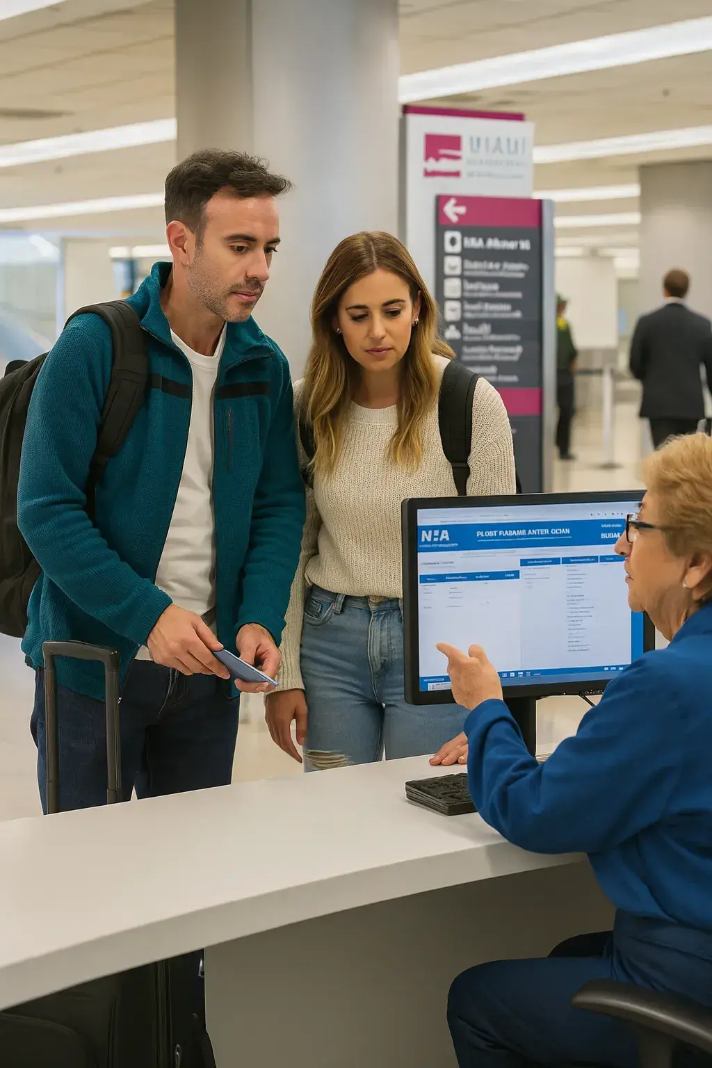 A couple listening to a Miami Airport volunteer at the customer service counter, with their luggage nearby. 