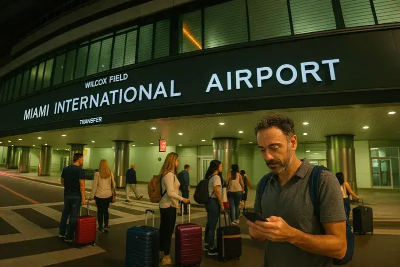 A guy checking his smartphone, and behind there are passengers with luggages and the Miami international airport Hotel main entrance