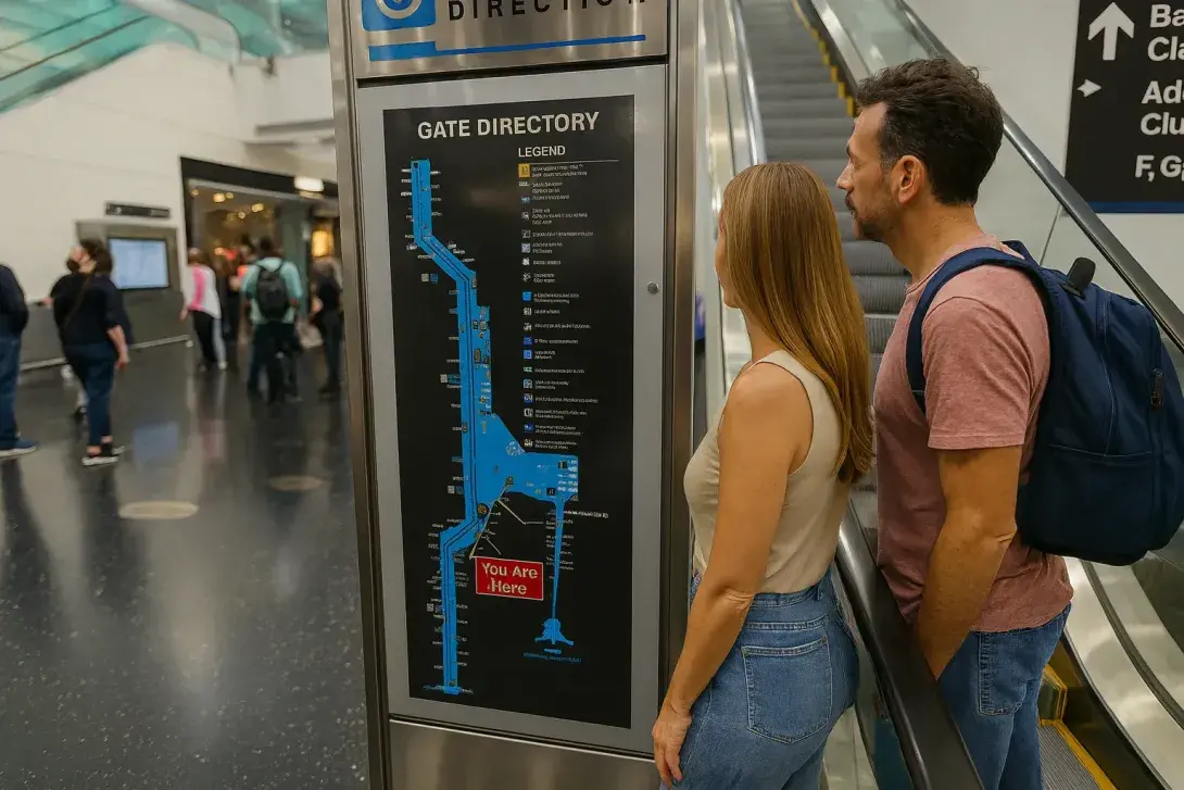 Couple looking at the gate directory sign inside Miami International Airport, next to an escalator, with other travelers walking through the terminal.