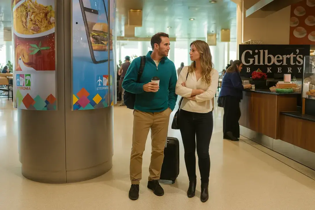 A high-resolution photograph captures a couple waiting in line at Gilbert&rsquo;s Bakery in the Miami airport food court. 