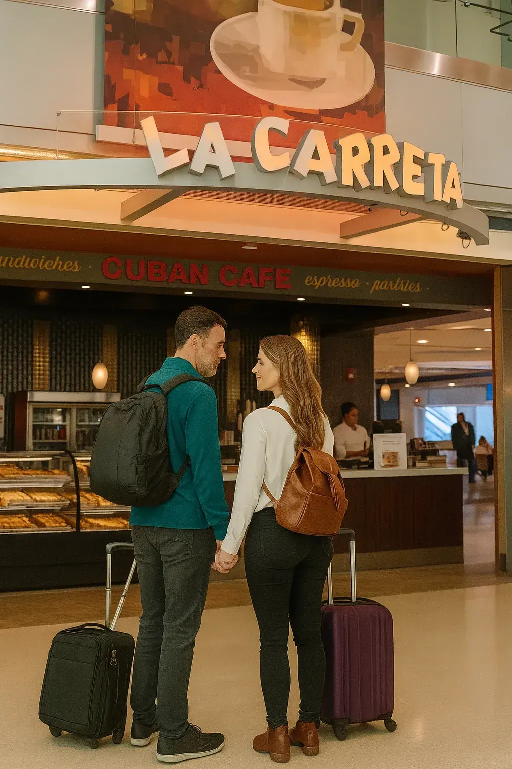 A couple standing in front of La Carreta Cuban Caf&eacute; at Miami Airport, each with a small carry-on bag.