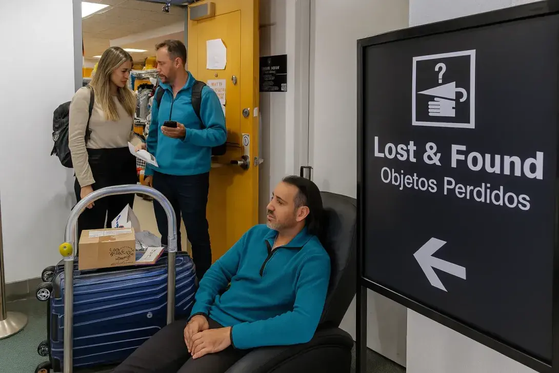 A photograph captures a lost and found office at the airport, with a man and woman at the counter returning items. 