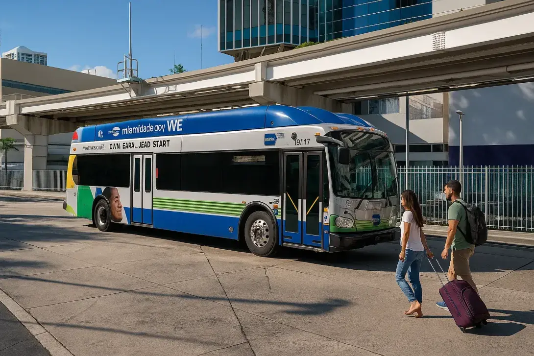 An images captures a Miami-Dade Metrobus parked under the Metrorail tracks, with a couple in warm-weather clothes walking toward it with suitcases