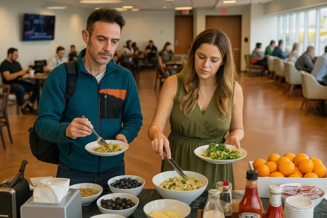 A couple serves themselves food at a self-service buffet in the VIP lounge at Miami Airport