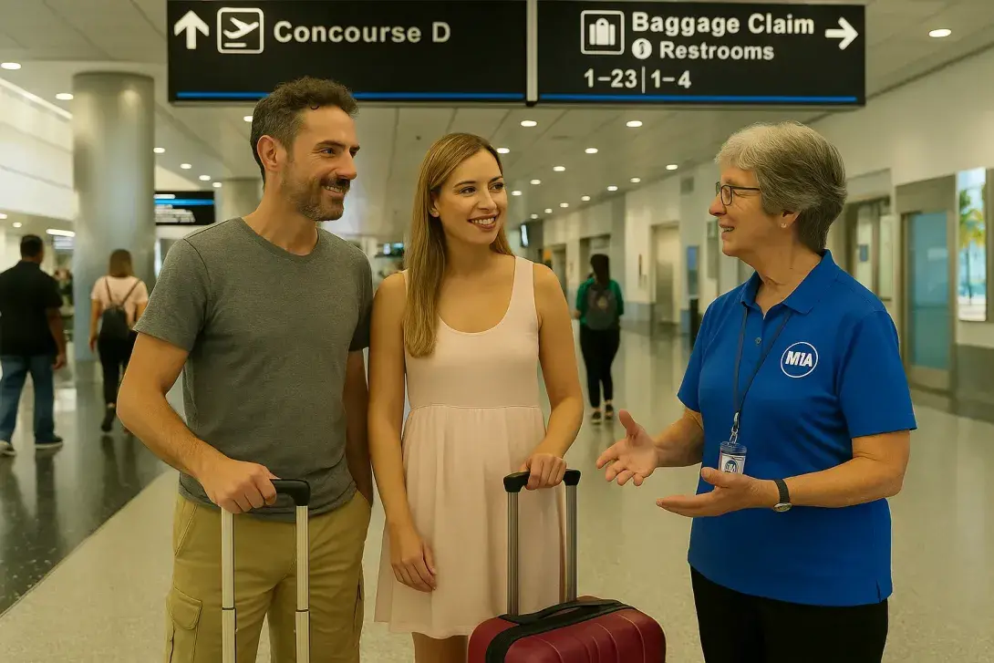 Travelers speaking with a Miami Airport volunteer in a public concourse area, featuring luggage and assistance badge identification.
