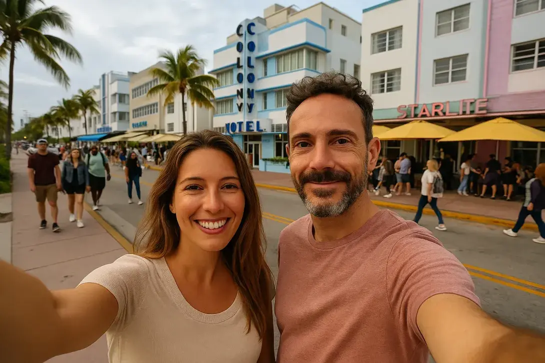 Smiling couple taking a selfie on Ocean Drive in Miami Beach, with colorful Art Deco buildings, palm trees, and tourists walking along the street.