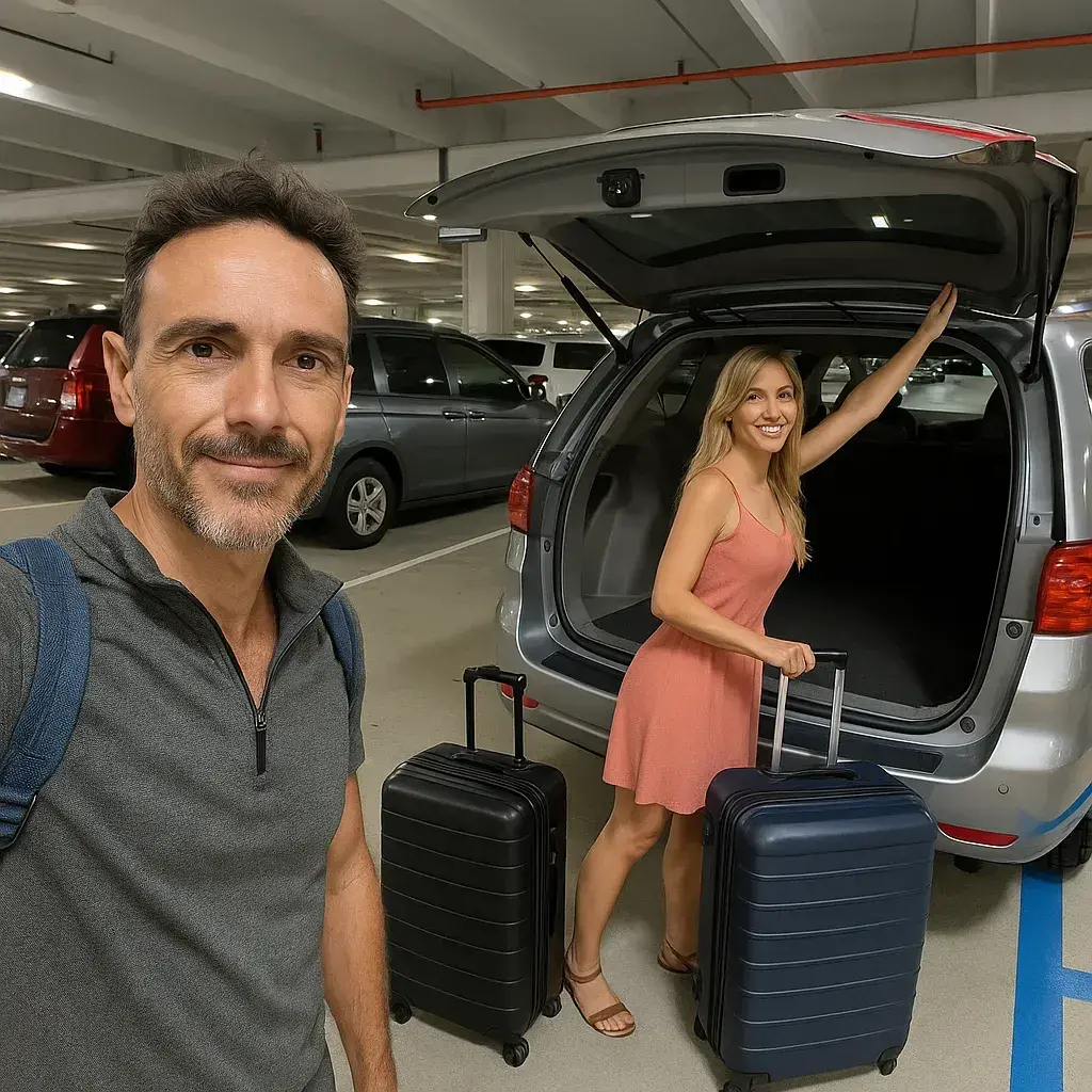 A couple unloading luggage from their minivan at the parking garage of Miami International Airport.