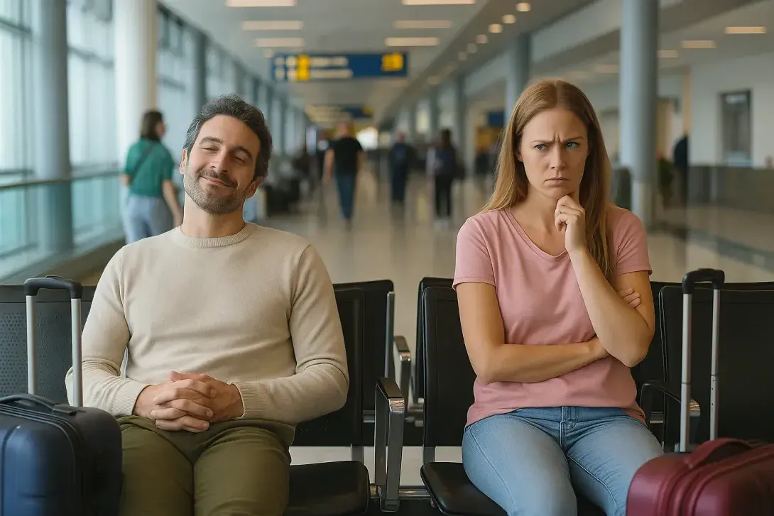 Man relaxed and woman annoyed in MIAMI airport waiting area