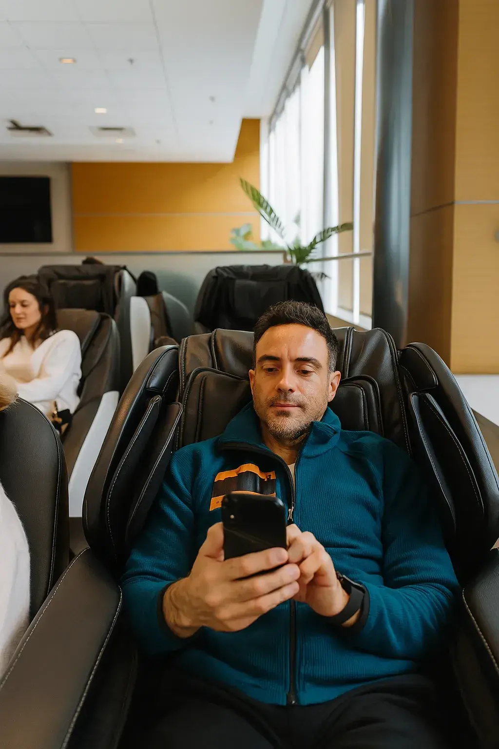 A light-skinned man with dark hair and a beard relaxing in a massage chair at XpresSpa, located in an airport lounge