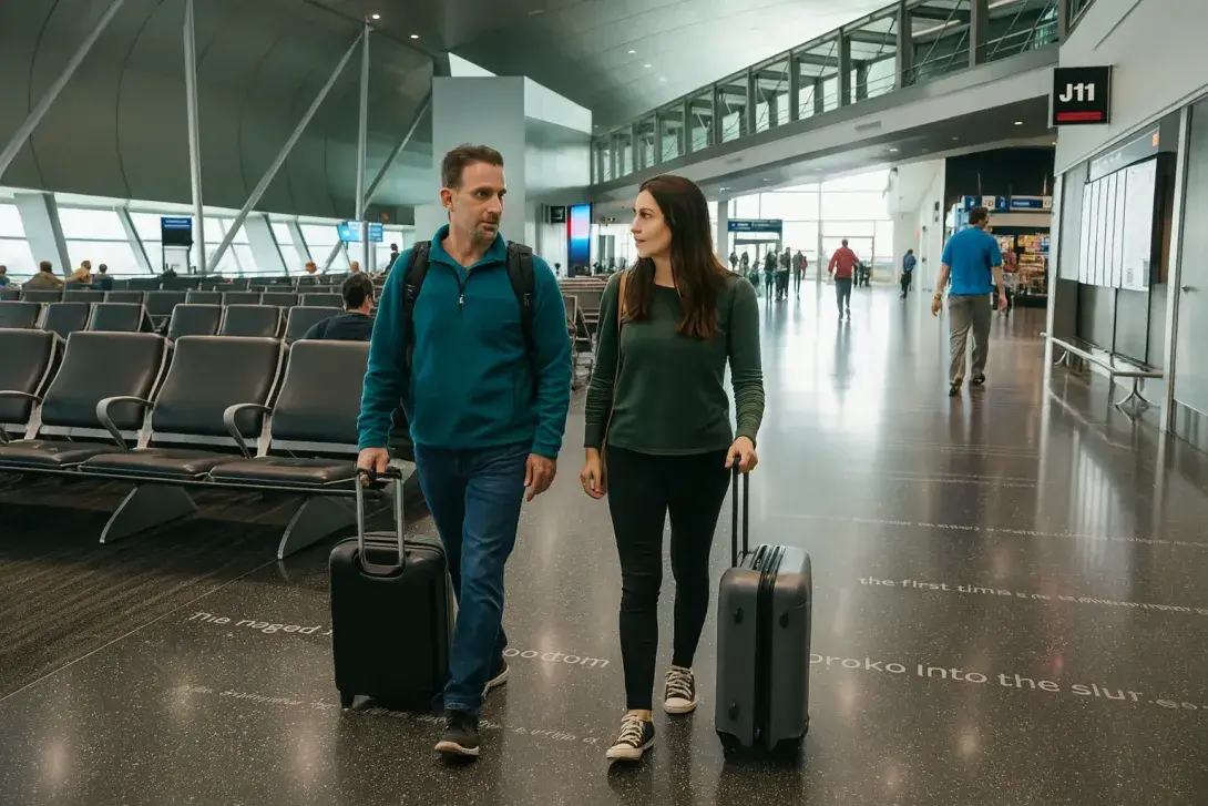 A high-resolution digital photograph of a couple walking with their luggage near gate J11 at an airport terminal, with passengers seated and others walking in the background.