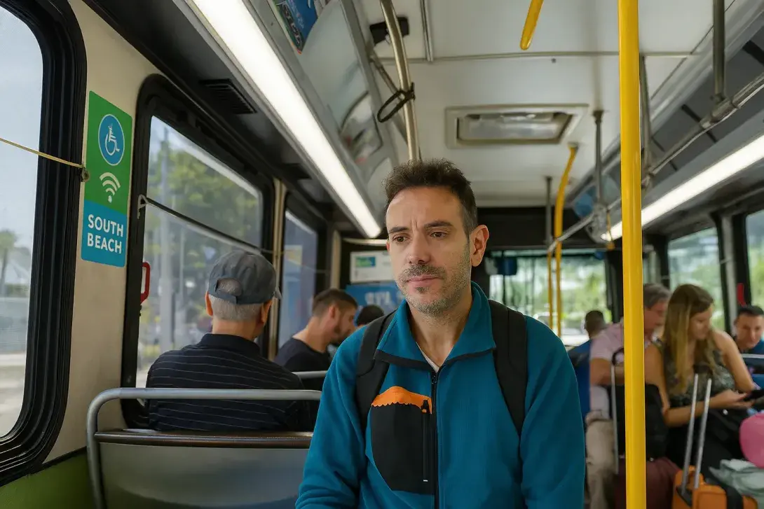 An image inside a South Beach bus during daytime, showing passengers seated and a man in a cap sitting near the front luggage area.
