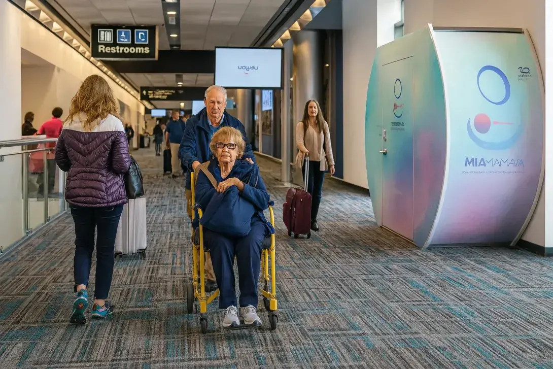 A photograph captures a moment inside a spacious airport corridor at MIA, highlighting accessible services for passengers with reduced mobility.
