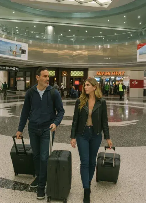 A high-resolution photograph captures Concourse D at Miami International Airport with a couple walking with luggage and other passengers in the background.