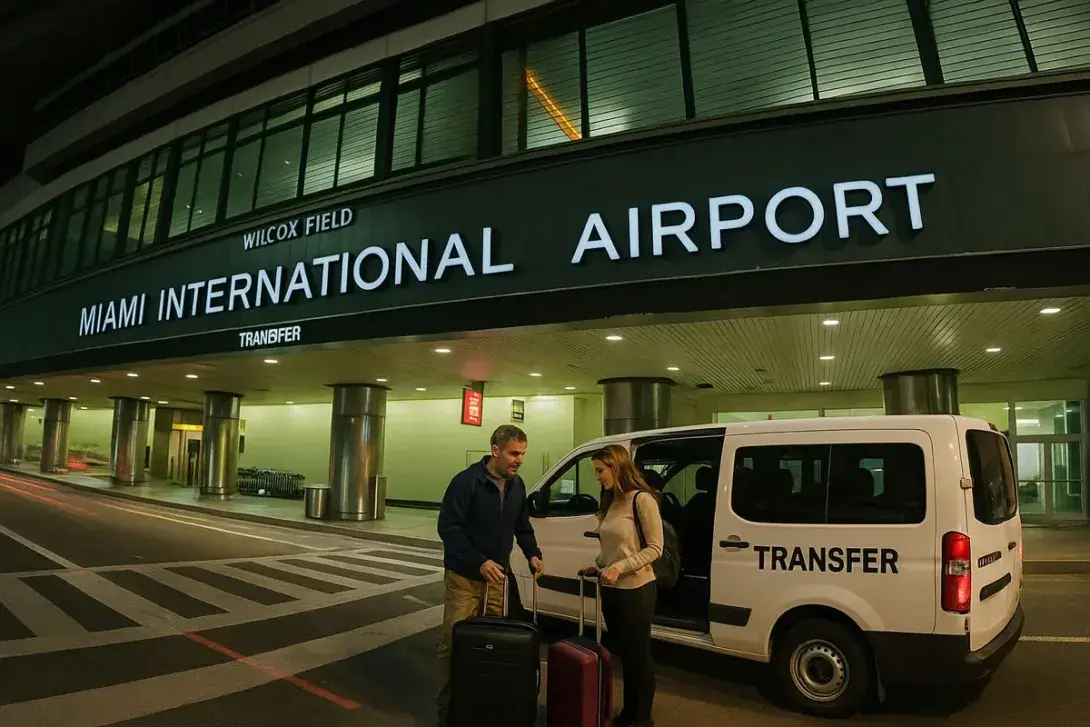 Realistic photo of Miami International Airport at night with a transfer van and a couple loading luggage