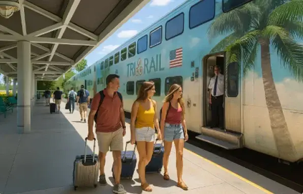 A Tri-Rail double-decker train stopped at the platform. 3 passengers are walking with baggages