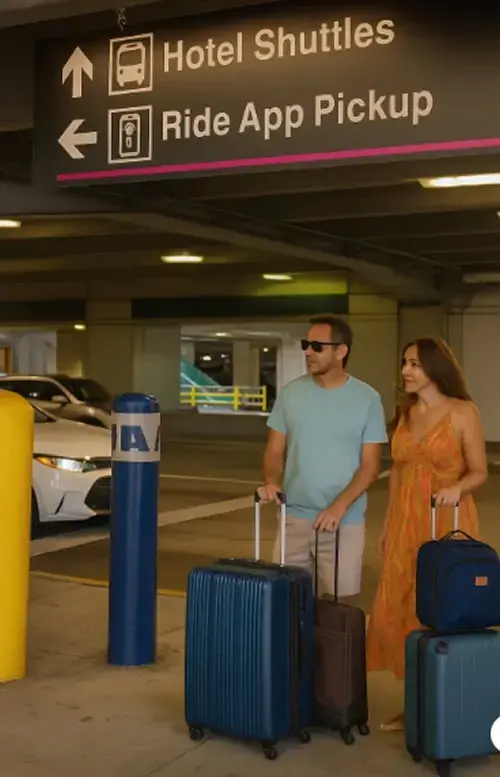 An image of a middle-aged couple with summer clothes and luggage waiting for an Uber ride at the Ride App Pickup zone of Miami International Airport